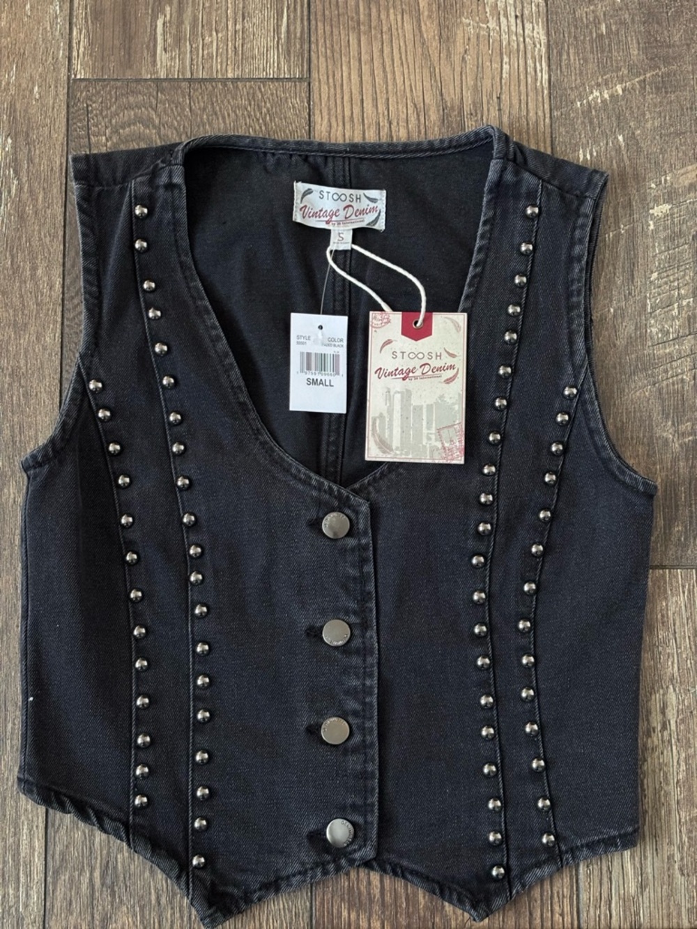 Stoosh Vintage Black Denim Vest Silver Studded Size S